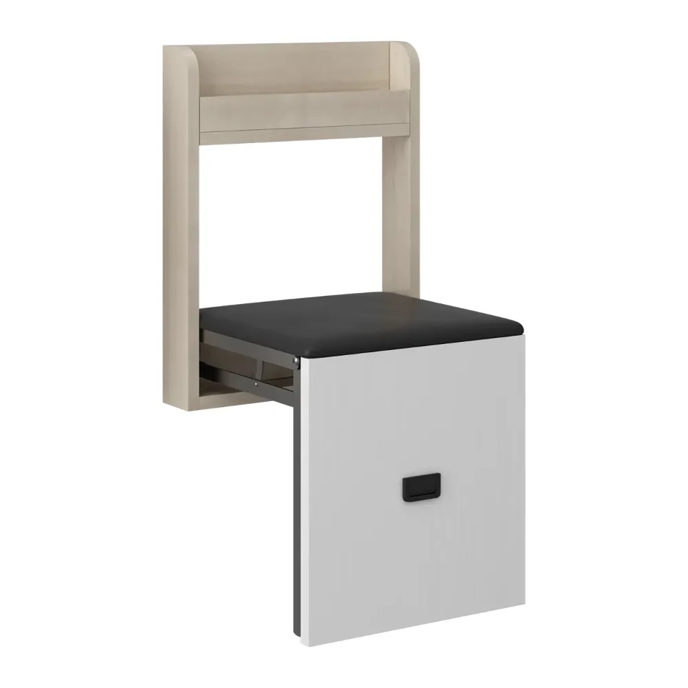 A wall-mounted, foldable chair with a light wooden frame and a black cushioned seat. The chair is in a partially folded position, with the seat extended outward. This ultrathin, space-saving design is ideal for small spaces.